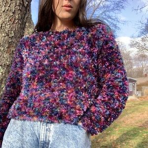 Vintage 80s Rainbow Fuzzy Cropped Sweater Size M